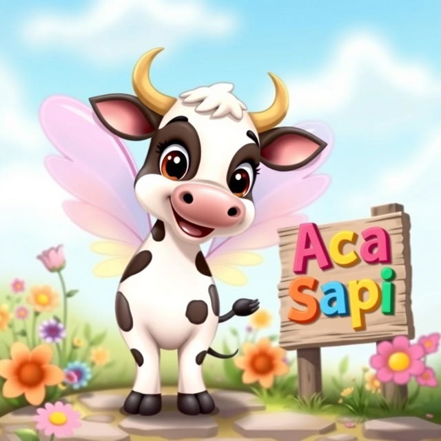 A cute cartoon cow with fairy wings, playfully posed in a whimsical setting with colorful flowers and a bright blue sky