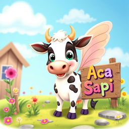 A cute cartoon cow with fairy wings, playfully posed in a whimsical setting with colorful flowers and a bright blue sky