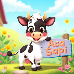 A cute cartoon cow with fairy wings, playfully posed in a whimsical setting with colorful flowers and a bright blue sky