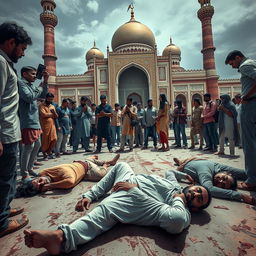 A dramatic and intense scene depicting five individuals who have been shot, lying on the ground in front of a large mosque in Sambhal, Bihar