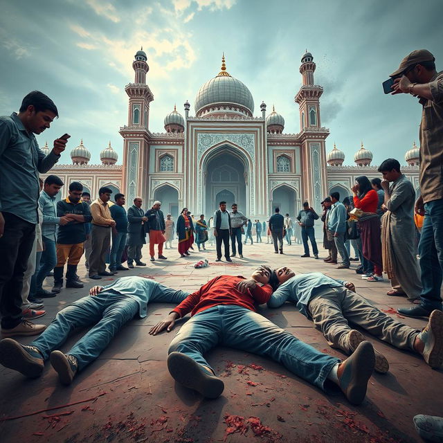 A dramatic and intense scene depicting five individuals who have been shot, lying on the ground in front of a large mosque in Sambhal, Bihar