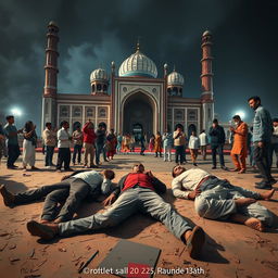 A dramatic and intense scene depicting five individuals who have been shot, lying on the ground in front of a large mosque in Sambhal, Bihar