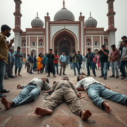 A dramatic and intense scene depicting five individuals who have been shot, lying on the ground in front of a large mosque in Sambhal, Bihar