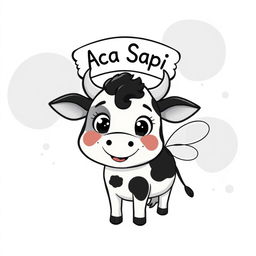 A cute cartoon cow with fairy wings, smiling playfully against a black and white background