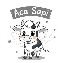 A cute cartoon cow with fairy wings, smiling playfully against a black and white background
