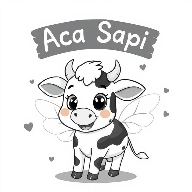 A cute cartoon cow with fairy wings, smiling playfully against a black and white background