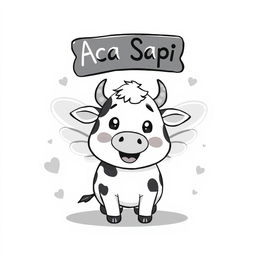 A cute cartoon cow with fairy wings, smiling playfully against a black and white background