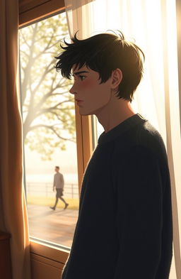 A heartfelt scene of a young man standing by a window, looking out longingly with a sad expression, as he waits for his partner to return