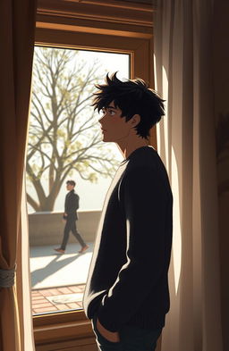A heartfelt scene of a young man standing by a window, looking out longingly with a sad expression, as he waits for his partner to return