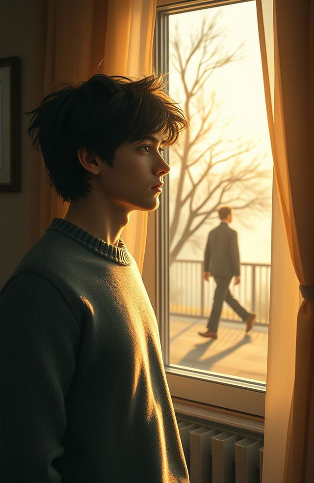 A heartfelt scene of a young man standing by a window, looking out longingly with a sad expression, as he waits for his partner to return