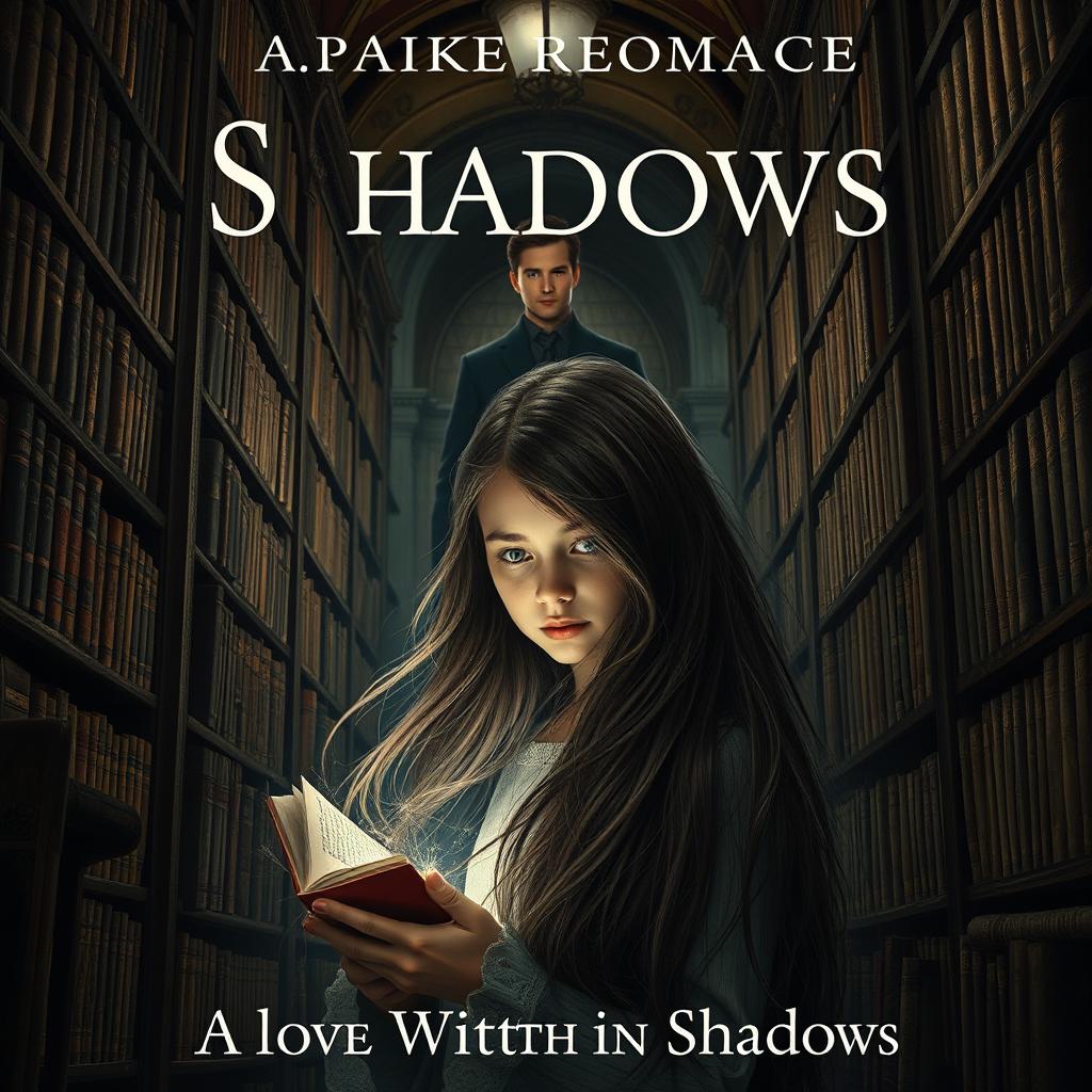 A captivating dark romance book cover featuring a young girl surrounded by towering bookshelves in an ancient library