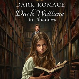 A captivating dark romance book cover featuring a young girl surrounded by towering bookshelves in an ancient library