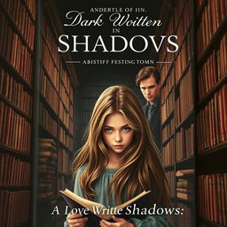 A captivating dark romance book cover featuring a young girl surrounded by towering bookshelves in an ancient library
