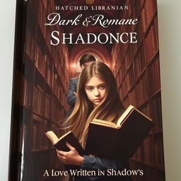 A captivating dark romance book cover featuring a young girl surrounded by towering bookshelves in an ancient library