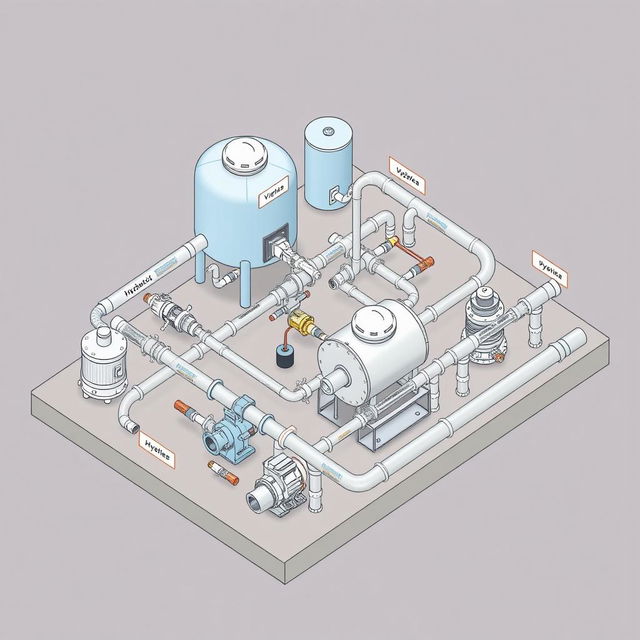 An isometric drawing depicting a detailed hydraulic installation system