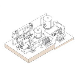 An isometric drawing depicting a detailed hydraulic installation system