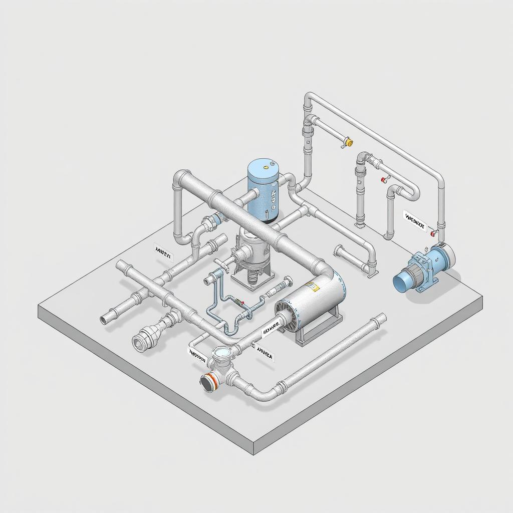 An isometric drawing depicting a detailed hydraulic installation system