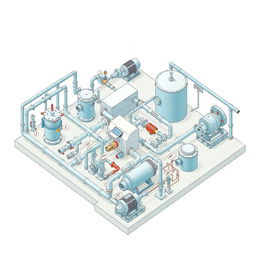 An isometric drawing depicting a detailed hydraulic installation system