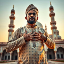 A brave Indian Muslim man taking a heroic stance, gripping his chest as if shot, displaying valor in front of a mosque