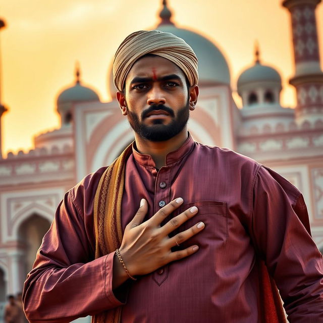 A brave Indian Muslim man taking a heroic stance, gripping his chest as if shot, displaying valor in front of a mosque