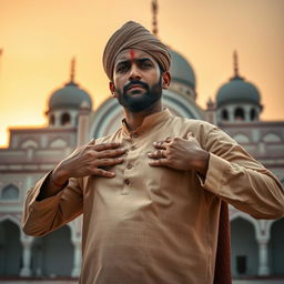 A brave Indian Muslim man taking a heroic stance, gripping his chest as if shot, displaying valor in front of a mosque