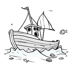 A damaged cartoon boat depicted in a whimsical and humorous style, featuring exaggerated features like a bent mast, oversized holes, and comically distressed sails