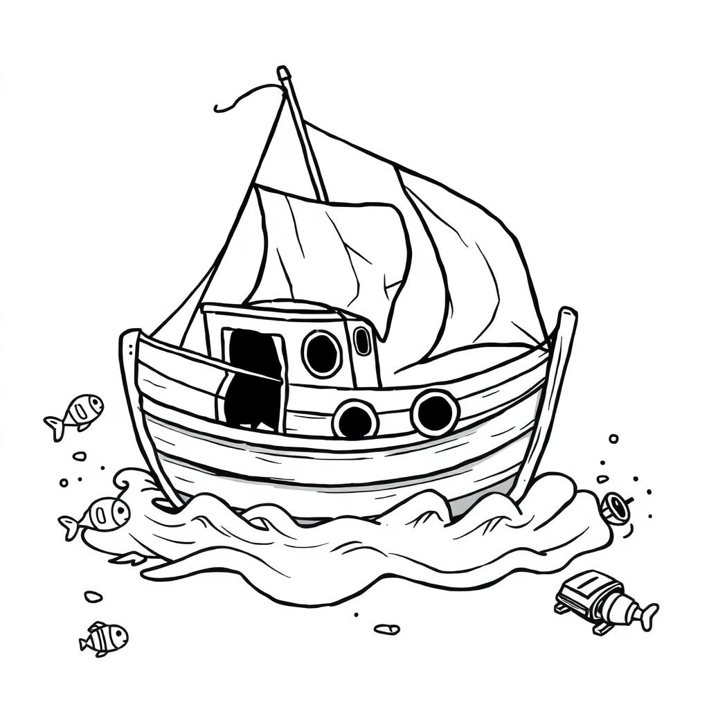 A damaged cartoon boat depicted in a whimsical and humorous style, featuring exaggerated features like a bent mast, oversized holes, and comically distressed sails