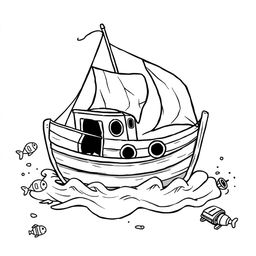 A damaged cartoon boat depicted in a whimsical and humorous style, featuring exaggerated features like a bent mast, oversized holes, and comically distressed sails