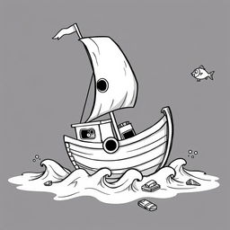 A damaged cartoon boat depicted in a whimsical and humorous style, featuring exaggerated features like a bent mast, oversized holes, and comically distressed sails