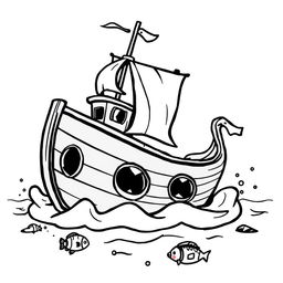 A damaged cartoon boat depicted in a whimsical and humorous style, featuring exaggerated features like a bent mast, oversized holes, and comically distressed sails