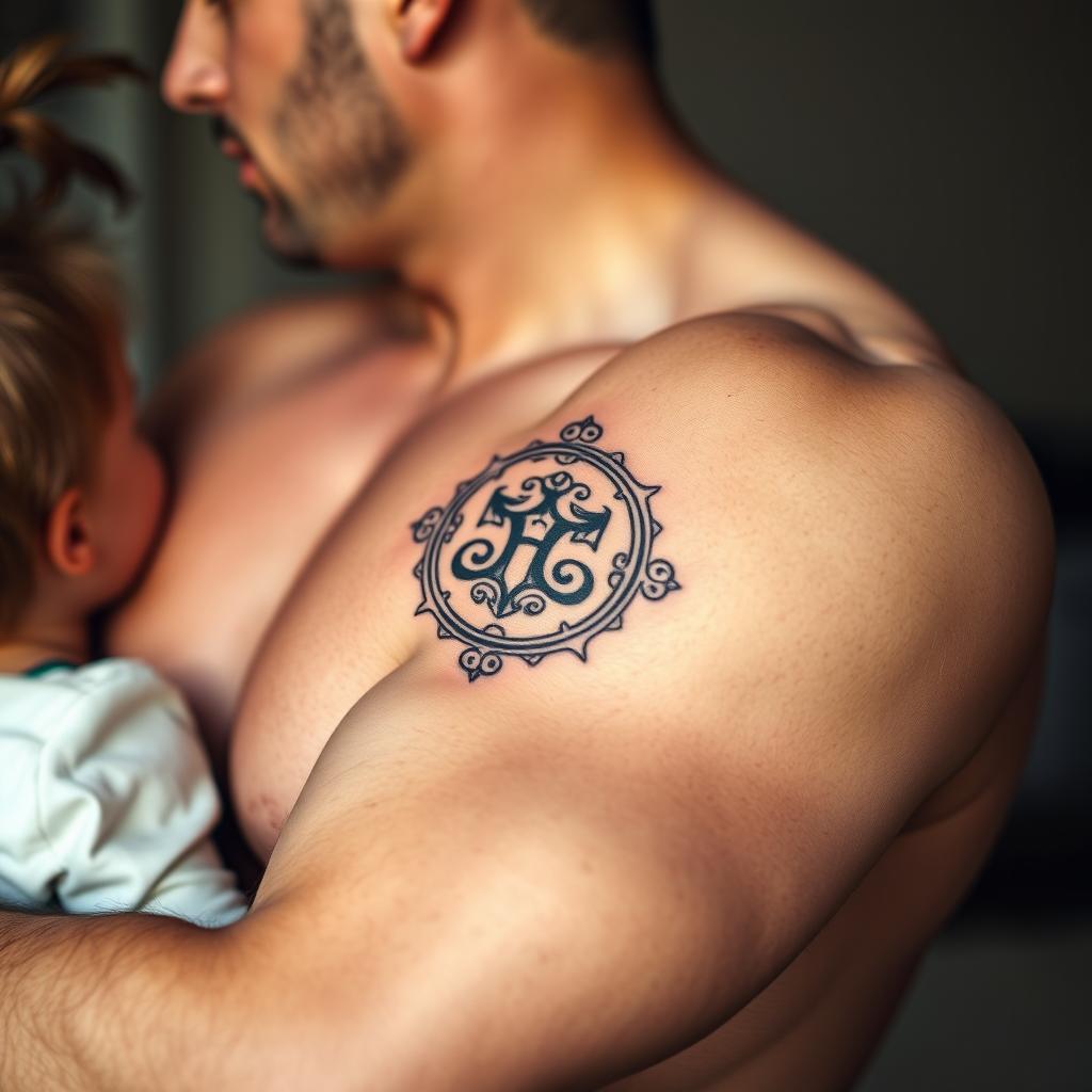 A tattoo of a logo on muscular arms of a father figure, showcasing strong and protective arms that represent love and family