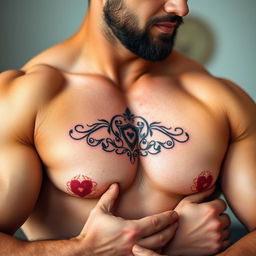 A tattoo of a logo on muscular arms of a father figure, showcasing strong and protective arms that represent love and family