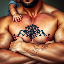 A tattoo of a logo on muscular arms of a father figure, showcasing strong and protective arms that represent love and family