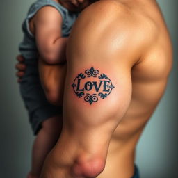 A tattoo of a logo on muscular arms of a father figure, showcasing strong and protective arms that represent love and family
