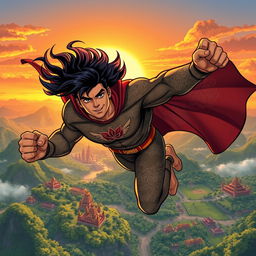 A dynamic illustration of Gatotkaca, an iconic Indonesian superhero, soaring through the sky
