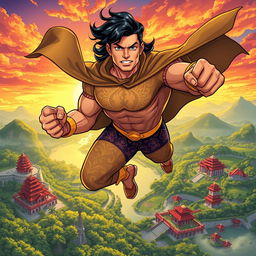 A dynamic illustration of Gatotkaca, an iconic Indonesian superhero, soaring through the sky