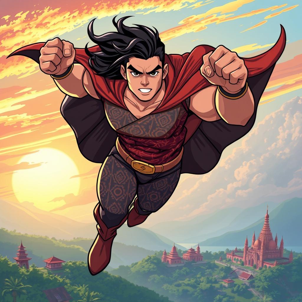 A dynamic illustration of Gatotkaca, an iconic Indonesian superhero, soaring through the sky