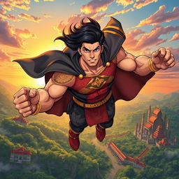 A dynamic illustration of Gatotkaca, an iconic Indonesian superhero, soaring through the sky