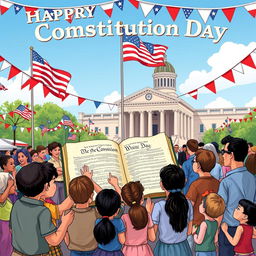 A vibrant and educational illustration celebrating National Constitution Day in a bustling outdoor setting