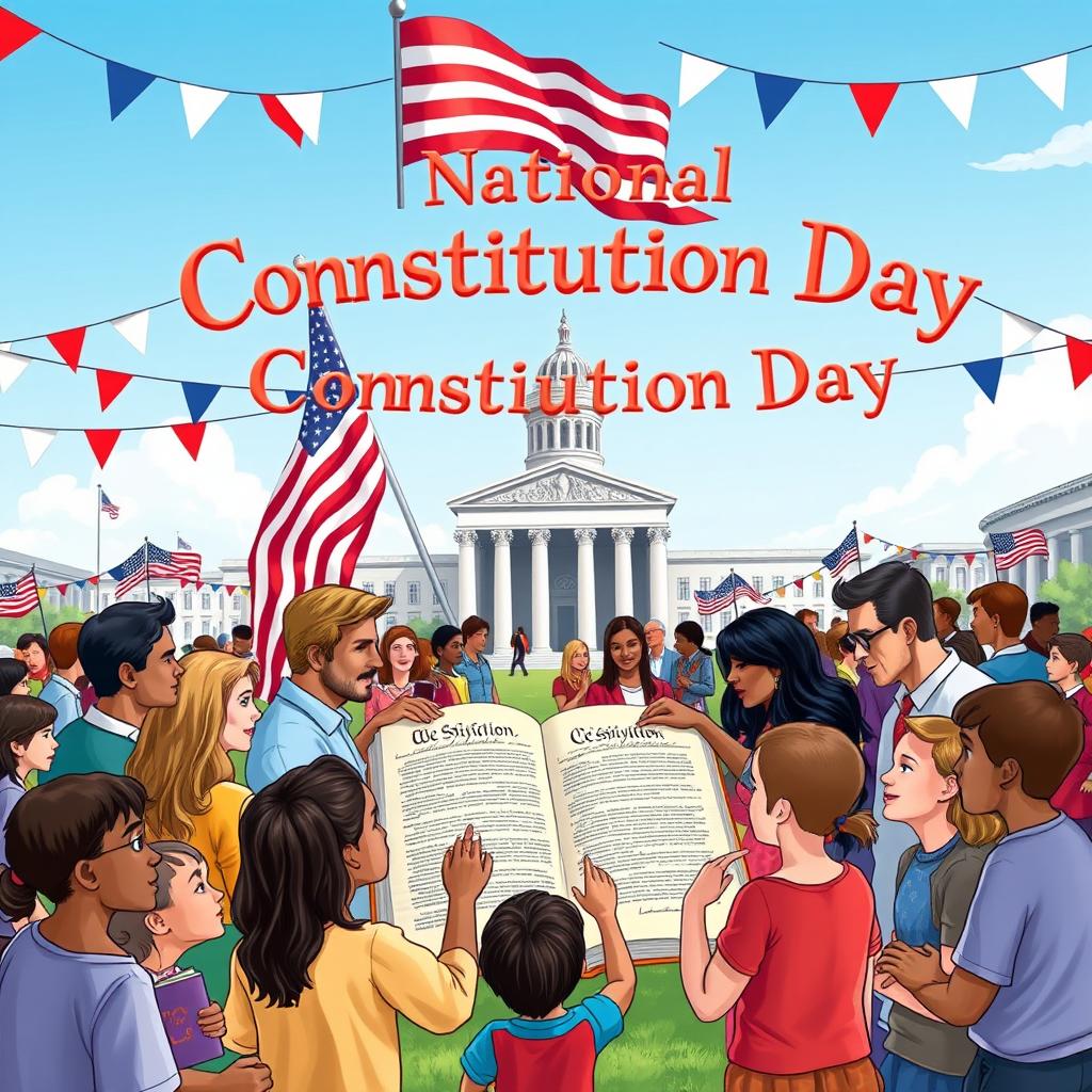 A vibrant and educational illustration celebrating National Constitution Day in a bustling outdoor setting