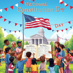A vibrant and educational illustration celebrating National Constitution Day in a bustling outdoor setting