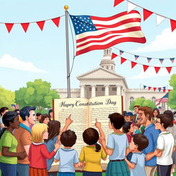A vibrant and educational illustration celebrating National Constitution Day in a bustling outdoor setting