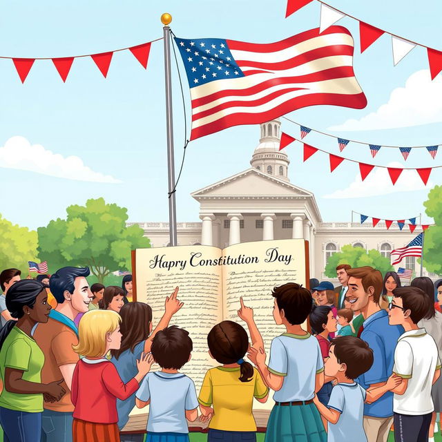 A vibrant and educational illustration celebrating National Constitution Day in a bustling outdoor setting