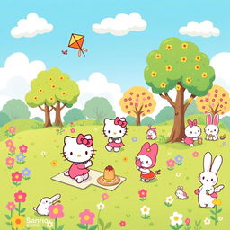 A whimsical and colorful illustration featuring characters from the Sanrio universe, including Hello Kitty, My Melody, and Cinnamoroll, all playing together in a vibrant, cheerful park filled with flowers, trees, and playful animals