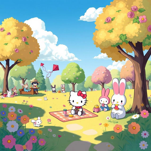 A whimsical and colorful illustration featuring characters from the Sanrio universe, including Hello Kitty, My Melody, and Cinnamoroll, all playing together in a vibrant, cheerful park filled with flowers, trees, and playful animals