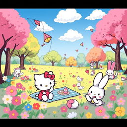 A whimsical and colorful illustration featuring characters from the Sanrio universe, including Hello Kitty, My Melody, and Cinnamoroll, all playing together in a vibrant, cheerful park filled with flowers, trees, and playful animals
