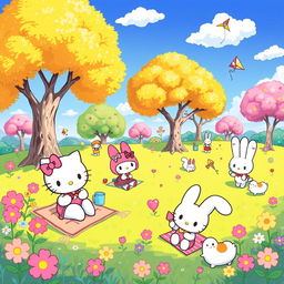 A whimsical and colorful illustration featuring characters from the Sanrio universe, including Hello Kitty, My Melody, and Cinnamoroll, all playing together in a vibrant, cheerful park filled with flowers, trees, and playful animals