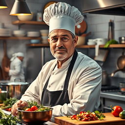 A highly detailed and realistic portrait of a chef in a bustling kitchen