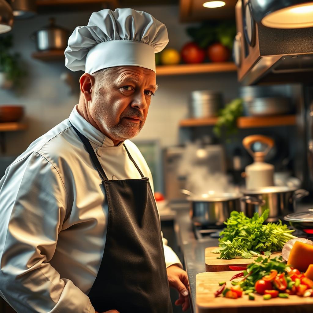 A highly detailed and realistic portrait of a chef in a bustling kitchen