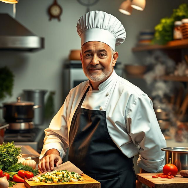 A highly detailed and realistic portrait of a chef in a bustling kitchen